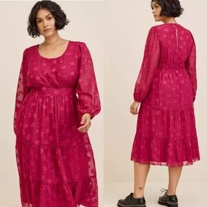 Torrid Midi Clip Dot Chiffon Tiered Dress Maroon Size 6